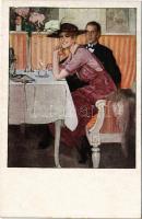 American art postcards, couple in a restaurant s: Bernhardt Wall