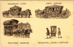 Litiere, Carosse, Diligence, Chaise a Porteurs / Draagbaar, Koets, Postwagen, Draagstoel / Dutch folklore (fl)