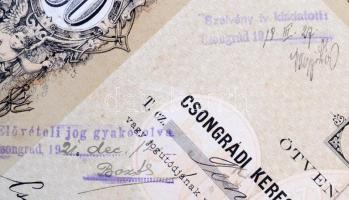 Csongrád 1885. "Csongrádi Keresztény Gőzmalom Részvénytársaság" névre szóló részvény 50Ft-...