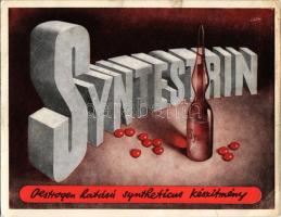 1940 Syntestrin oestrogen hatású syntheticus készítmény. A petefészek csökkent vagy hiányzó működéséből eredő genitális megbetegedésekre. Richter Gedeon vegyészeti gyár rt. / synthetic estrogen advertisement (fa)