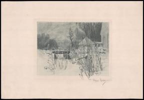 Olgyai Viktor (1870-1929): Téli erdő. Rézkarc, papír, jelzett, 15,5×19,5 cm / Viktor Olgyai: Wood in winter. Etching on paper, signed, 15,5x19,5 cm