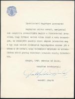 1942 Glattfelder Gyula (1874-1943) csanádi püspök (1911-1943), későbbi kalocsai érsek (1942-1943) gépelt sorai és aláírása egy üdvözlő levélen, amelyben az ünnepségen való távolmaradását indokolja, fejléces papíron, 1942. márc. 24.