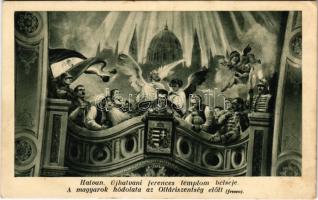 Hatvan, Újhatvani Ferences templom belseje. "A magyarok hódolata az Oltáriszentség előtt" (freskó), magyar címer és zászló (EK)