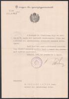 1943 Radocsay László (1878-1968) igazságügyminiszter (a Kállay-kormány igazságüyminiszere (1942. március 9.-1944. március 22.) aláírása egy járásbírósági titkári kinevezésen, fejléces papíron, pecséttel, 1943. nov. 3.