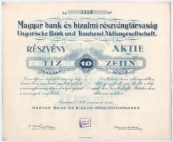 Budapest 1926. Magyar bank és bizalmi részvénytársaság részvénye 10P-ről, szelvényekkel, szárazpecséttel T:I-