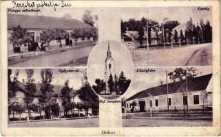 1939 Doboz, kastély, gyógyszertár, Református templom, Községháza, Hangya Szövetkezet üzlete és saját kiadása (gyűrődés / crease)