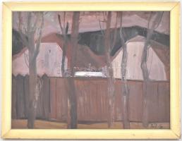 Pál Gyula (1928-1981): Házak fákkal, Nyíregyháza. Olaj, farost, jelzett. Hátoldalán autográf felirat...