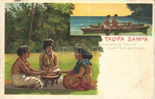 Talofa Samoa. Ausstellung Samoa Unsere neuen Landsleute. Giesecke & Devrient / German colonial exhibition advertisement, litho (tear)