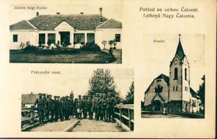 Nagy-Csalomia school, soldiers, church