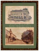 Hatvani képeslapokról készült nagyított nyomtatvány, üvegezett, aranyozott fa keretben, paszpartuban...