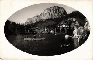 1942 Gyergyószentmiklós, Gheorgheni; Gyilkos-tó, evezős csónak kutyával / Lacul Rosu / lake, rowing boat with dog. photo (EK)