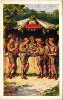 Foglalkozás után, kantin. Cserkész művészlap. R.J.E. 8007. / Hungarian boy scout art postcard, scout camp, canteen + 221. sz. Anonymus Cserkésztábor Tiszaörvény 1947 (EK)