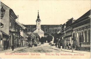 1906 Fehértemplom, Ung. Weisskirchen, Bela Crkva; Vásár utca, templom / street, church (Rb)