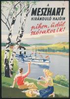 cca 1950 A MESZHART kiránduló hajóin pihen, üdül szórakozik!, villamosplakát, kis gyűrődéssel, szakadással a jobb felső sarokban, 23x15 cm