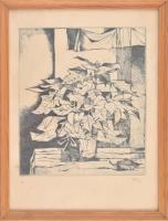 Túry Mária (1930-1992): Virágcsendélet. Rézkarc, papír, jelzett, üvegezett fa keretben. 29×24,5 cm