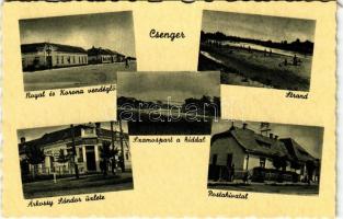 Csenger, Árkossy Sándor üzlete, Royal és Korona vendéglő, Szamospart a híddal, strand, postahivatal