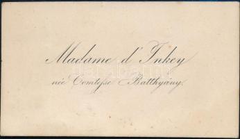 cca 1860 gróf Batthyány Antónia Karolina Mária (1827-?) férjezett Inkey Zsigmondné névjegye, hátoldalán kézzel írt üzenete gróf Vay Eveline-nek
