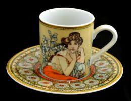Goebel Alphonse Mucha szecessziós dekoros porcelán mokkás csésze aljjal. Levonóképes, jelzett, hibátlan.
