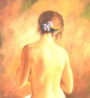 Tóth Imre (?-): Női hátakt. Olaj, farost, jelzett, hátoldalán autográf felirattal, fa keretben, 40×3...