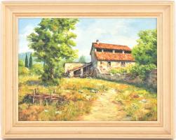 Tóth Imre (?-): Toscan udvar. Olaj, farost, jelzett, hátoldalán autográf felirattal, fa keretben, 30...