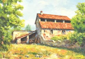 Tóth Imre (?-): Toscan udvar. Olaj, farost, jelzett, hátoldalán autográf felirattal, fa keretben, 30...