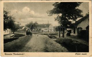 1944 Várdaróc, Vardarac; Fő tér, utca, üzlet. Pencz István kiadása / main square, street view, shop (gyűrődés / crease)