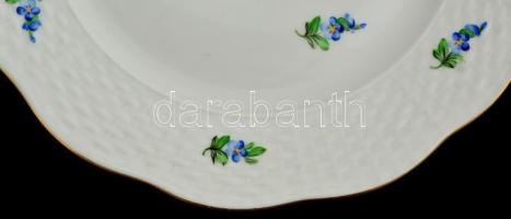 Herendi virág mintás porcelán süteményes készlet. 6+1 darab Kézzel festett, jelzett, minimális kopás...