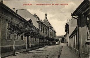 1910 Zombor, Sombor; Felső kereskedelmi és elemi népiskola. Kaufmann Emil kiadása / school, street view (EK)