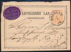 1874 2kr díjjegyes levelezőlap, céges levélzáróval / PS-card "POZSONY"