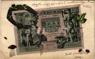 2 db RÉGI numizmatikai motívum képeslap: Száz és Ezer koronás bankjegyek / 2 pre-1906 motive postcards: Hungarian banknotes