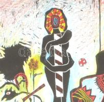 ef Zámbó István (1950-): Akt csíkos deszkával (1974/2000). Kézzel, krétával színezett linó, merített...