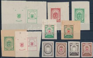 1944 Vöröskereszt 20f, 50f és 100f adománybélyegeinek egyképes tükörfázis próbanyomatai, közte a három bélyeg összefüggésben is, vízjelnélküli papírokon, összesen 37 db, 4 db nagyméretű stecklapon / Proofs of Hungarian imperforated charity stamps, 37 pieces altogether
