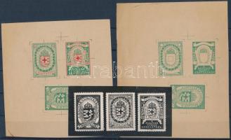 1944 Vöröskereszt 20f, 50f és 100f adománybélyegeinek egyképes tükörfázis próbanyomatai, közte a hár...