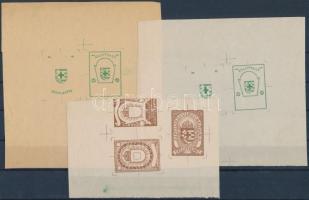 1944 Vöröskereszt 20f, 50f és 100f adománybélyegeinek egyképes tükörfázis próbanyomatai, közte a hár...