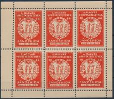 1944 Jánoshida a Magyar Vöröskeresztnek 20f adománybélyegek, 6-os kisíven / Hungarian charity stamps in mini sheet of 6