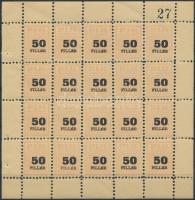 ~1944 Pesti Izraelita Hitközség Ifjúsági Csoportja 50f tagsági bélyegek 27-es sorszámmal, 20-as kisíven / Hungarian membership stamps in mini sheet of 20