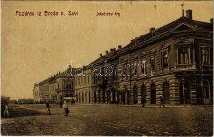 1909 Bród, Nagyrév, Slavonski Brod, Brod na Savi; Jelacicev trg / square, street view, market. W. L. Bp. 4993. (EB)