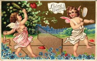 Loving Greeting. Cupids playing tennis with hearts. Emb. litho (EK)