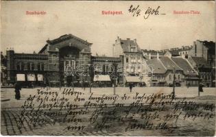 1906 Budapest I. Bomba tér (ma Batthyány tér), Budai vásárcsarnok, Petz Ágoston üzlete, Hermann J. lakatos és címfestők reklámja a ház oldalán (EK)