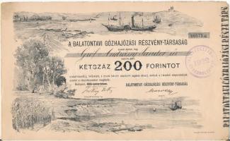 Budapest 1891. Balatontavi Gőzhajózási Részvény -Társaság részvénye 200Ft-ról szelvényekkel, szárazpecséttel, bélyegzésekkel T:I-,II fo./ Hungary / Budapest 1891. Balatontavi Gőzhajózási Részvény - Társaság share about 200Ft with coupons, embossed stamp and overprints C:AU,XF spotted