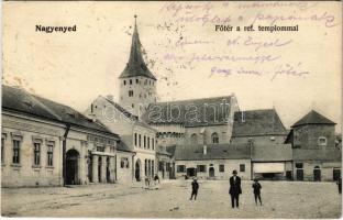 1908 Nagyenyed, Aiud; Fő tér, Református templom, mészáros és hentes üzlet. Winkler János kiadása / main square, Calvinist church, butcher shop (EK)