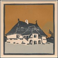 Kós Károly (1883-1977): Kúria, színes linómetszet, papír, jelzés nélkül, paszpartuban, 10x10 cm