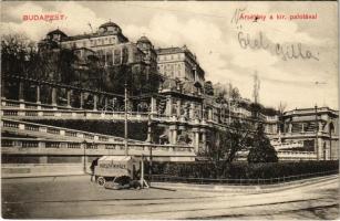 1913 Budapest I. Vársétány a királyi palotával, Hirsch Mihály aszfaltüzem úthiba javító kocsija. Ádám Herman kiadása