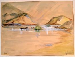 Szőnyi I. jelzéssel: Duna. Akvarell, papír, paszpartuban. Hátoldalán Kocka csonkolás rajz az 1960-as évekből. 28x37,5 cm