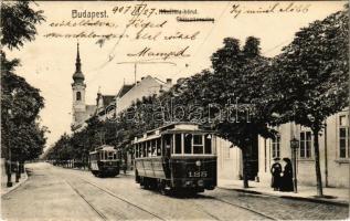 1907 Budapest I. Krisztina körút, villamosok, hölgyek a megállóban, templom