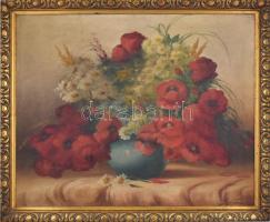 Boros (?) jelzéssel: Virágcsendélet. Olaj, vászon. Díszes, kissé sérült szecessziós stílusú fa keret...