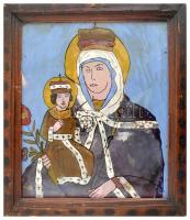 Kézzel festett erdélyi üvegikon, sérült, fa keretben, 24x20,5 cm