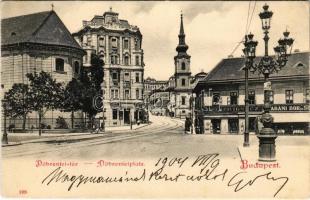 1904 Budapest I. Tabán, Döbrentei tér, templom, gyógyszertár, Keller Ignác üzlete, Tabáni bor és sörcsarnok, megállóhely (Rb)