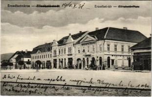 1916 Erzsébetváros, Dumbraveni; Erzsébet tér, Mühlsteffen Gusztáv, Schwarz W. M., Dengel üzlete / street view, shops (EK)