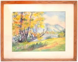 Szilágyi Ilona (1904-1985): Reggeli köd (Dunakanyar?). Akvarell, papír, jelzett. Hátoldalán Képcsarn...